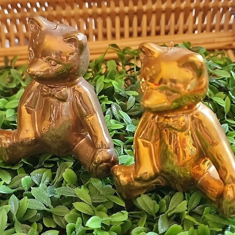 Vintage Department 56 Gold Tone Pair Of Bear Ornaments Wearing Bow Ties